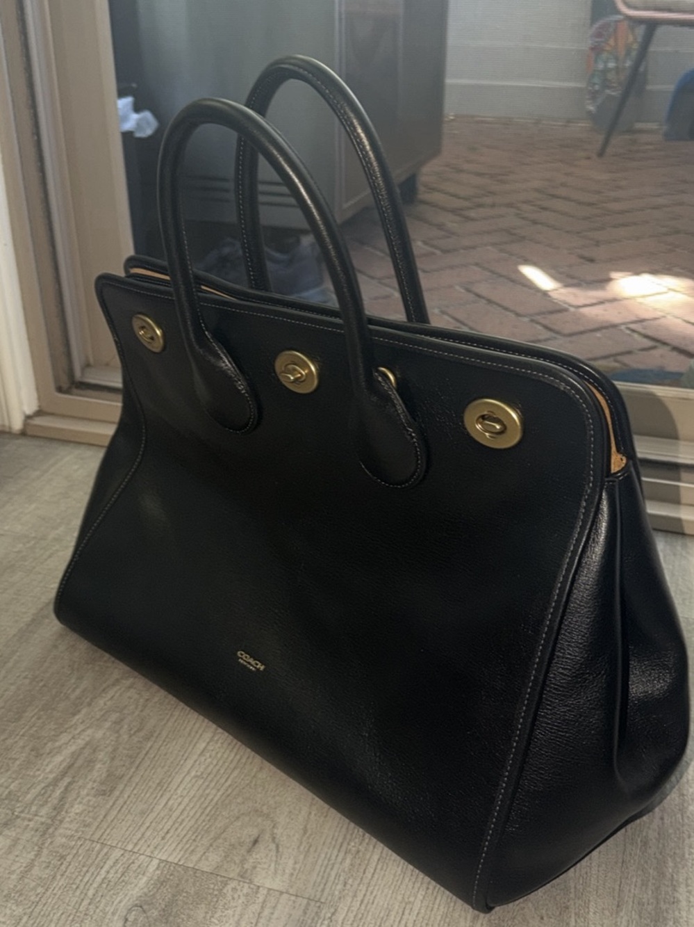 Coach Black Leather Top-Handle Satchel with Gold Hardware - Picture 5 of 5